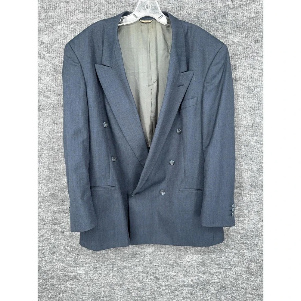 Vintage Christian Dior Suit Jacket Mens 46R Blue Wool Check Double Breasted